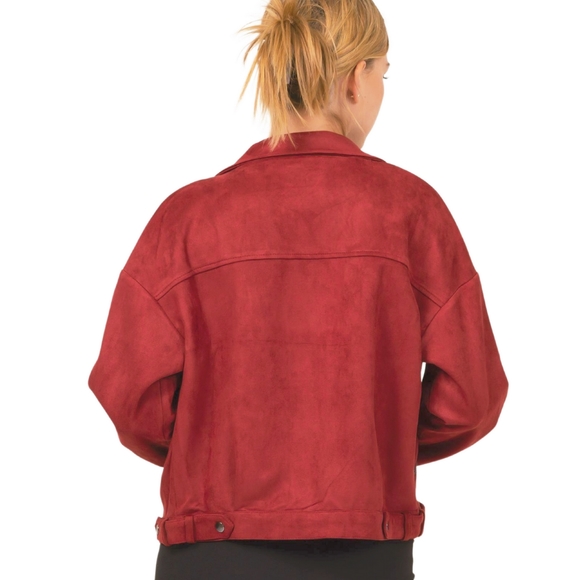 Chic Faux Suede Burgundy Moto Jacket - Picture 5 of 7
